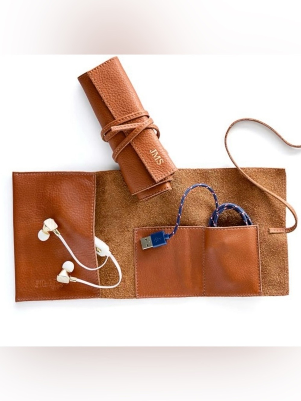 Mark & Graham Leather Charger Roll Up Camel Carry Case Unisex Monogrammed “LB”